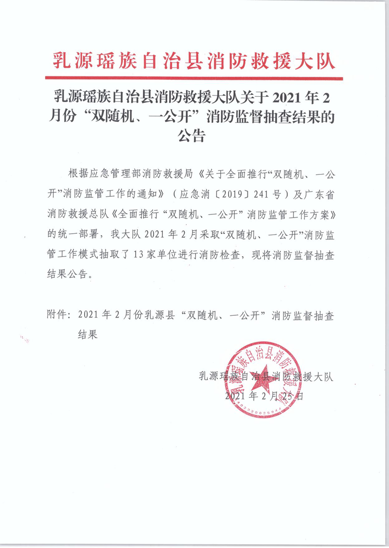 乳源瑤族自治縣消防救援大隊關于2021年2月份“雙隨機、一公開”消防監(jiān)督抽查結果的公告1.jpg