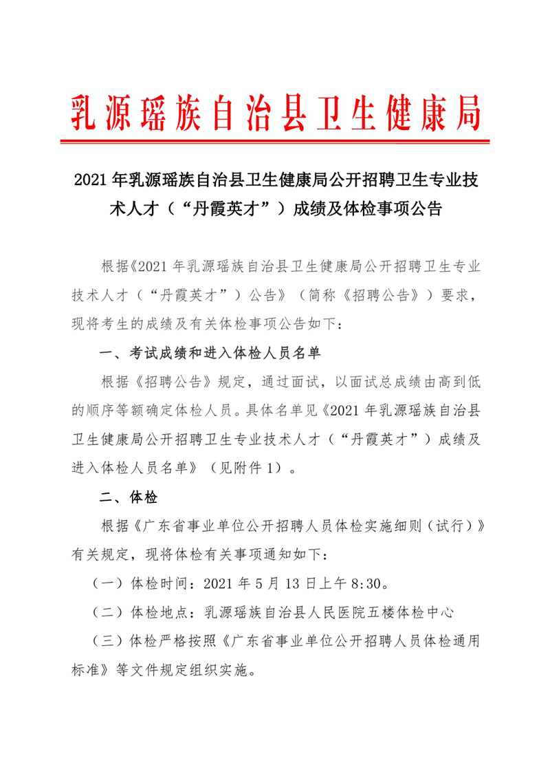 2021年乳源瑤族自治縣衛(wèi)生健康局公開招聘衛(wèi)生專業(yè)技術人才（“丹霞英才”）成績及體檢事項公告0000.jpg