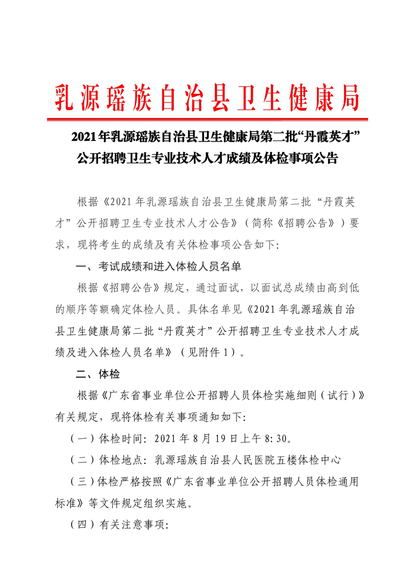 2021年乳源瑤族自治縣衛(wèi)生健康局第二批“丹霞英才”公開招聘衛(wèi)生專業(yè)技術(shù)人才成績(jī)及體檢事項(xiàng)公告0000.jpg