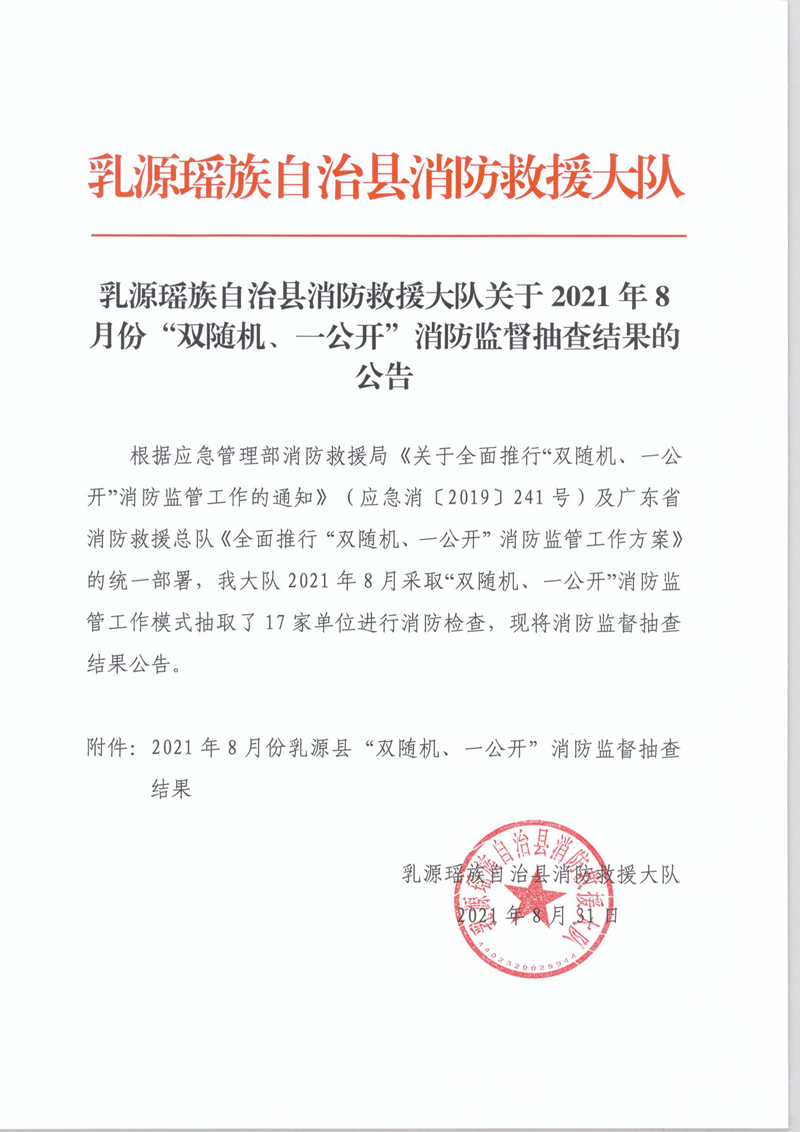 乳源瑤族自治縣消防救援大隊關(guān)于2021年8月份“雙隨機、一公開”消防監(jiān)督抽查結(jié)果的公告1.jpg