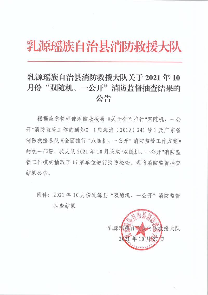 乳源瑤族自治縣消防救援大隊(duì)關(guān)于2021年10月份“雙隨機(jī)、一公開”消防監(jiān)督抽查結(jié)果的公告1.jpg