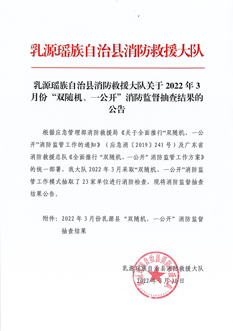 乳源瑤族自治縣消防救援大隊關(guān)于2022年3月份“雙隨機(jī)、一公開”消防監(jiān)督抽查結(jié)果的公告 (1).jpg