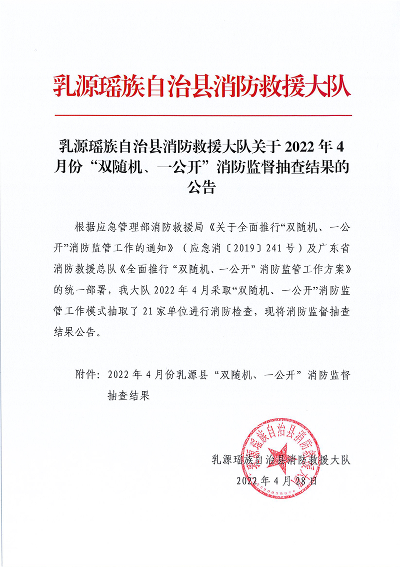 乳源瑤族自治縣消防救援大隊關(guān)于2022年4月份“雙隨機、一公開”消防監(jiān)督抽查結(jié)果的公告 (1).jpg