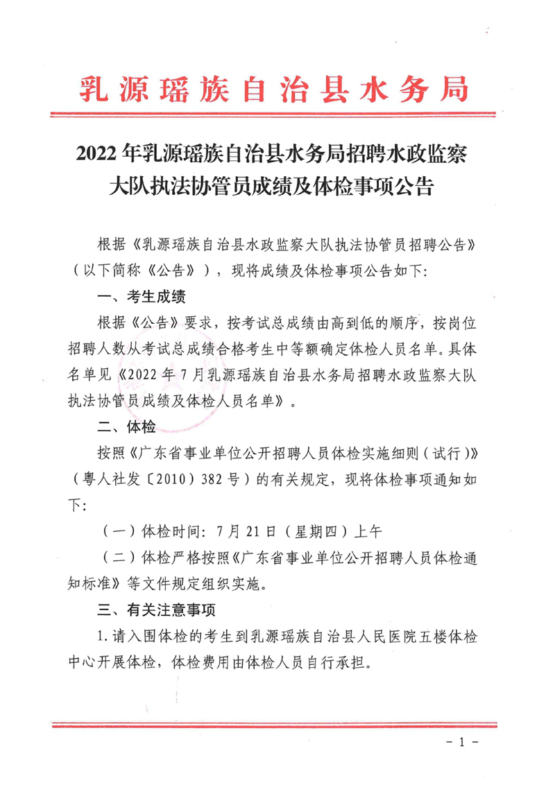 2022年乳源瑤族自治縣水務(wù)局招聘水政監(jiān)察大隊執(zhí)法協(xié)管員成績及體檢事項公告0000.jpg