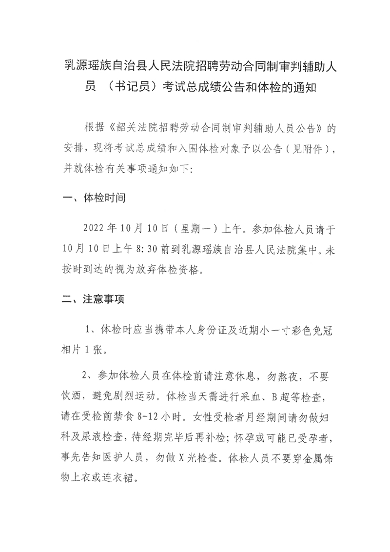 乳源瑤族自治縣人民法院招聘勞動合同制審判輔助人員 （書記員）考試總成績公告和體檢的通知0000.jpg