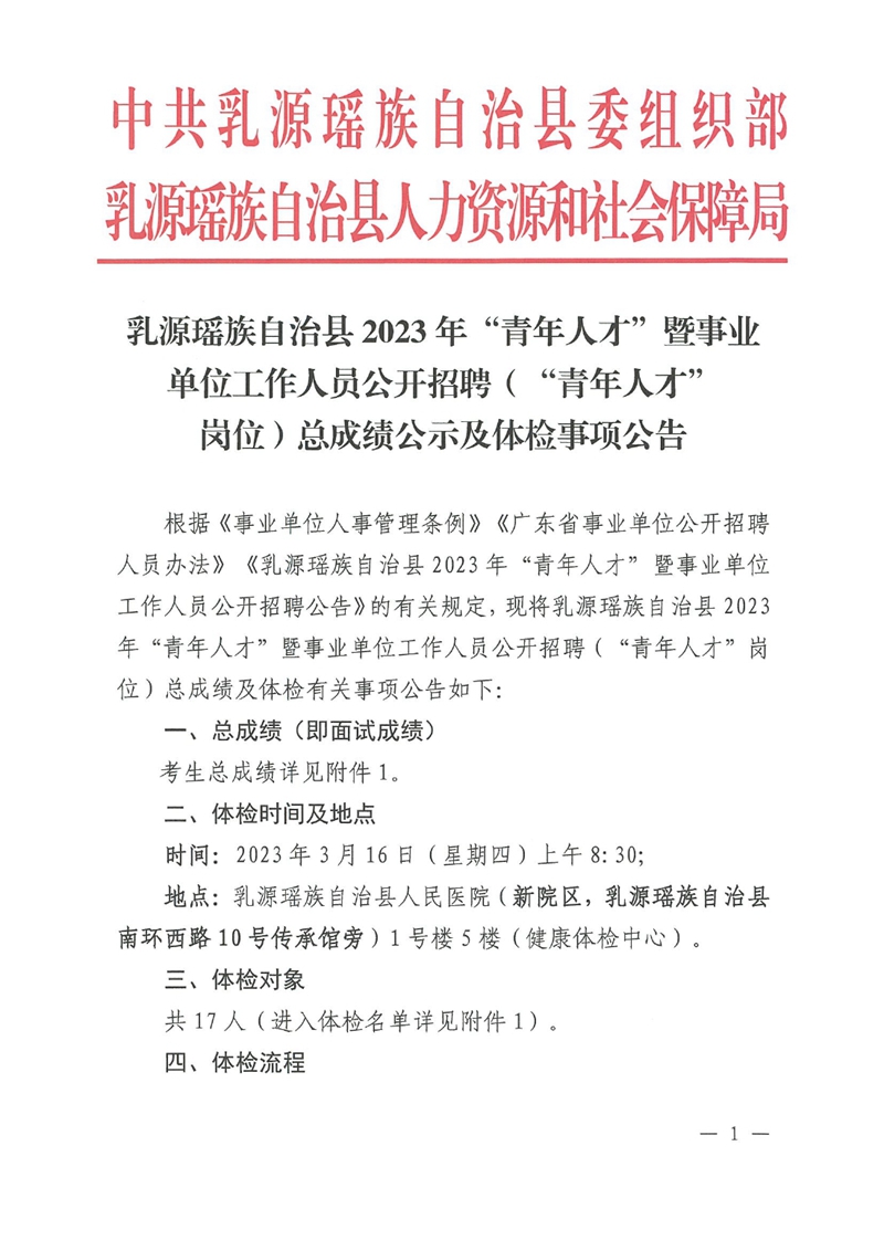 乳源瑤族自治縣2023年“青年人才”暨事業(yè)單位工作人員公開招聘（“青年人才”崗位）總成績公示及體檢事項公告0000.jpg