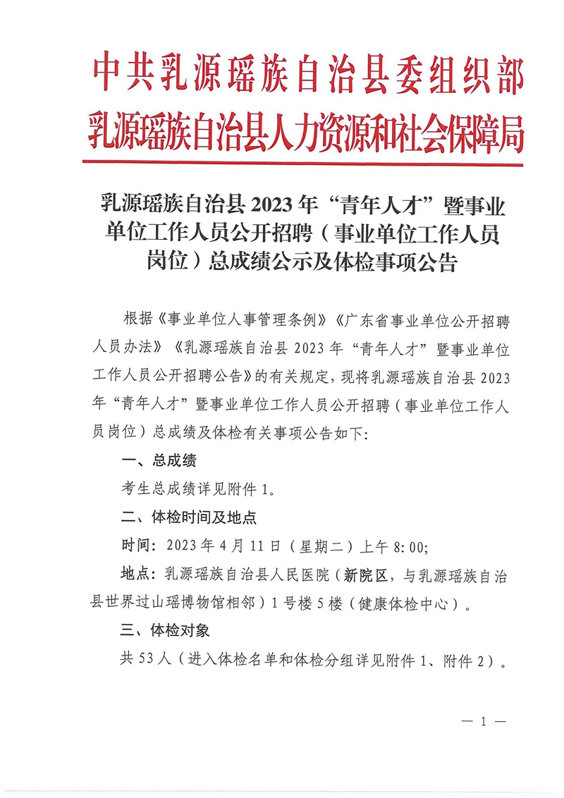 乳源瑤族自治縣2023年“青年人才”暨事業(yè)單位工作人員公開招聘（事業(yè)單位工作人員崗位）總成績公示及體檢事項公告_00.jpg