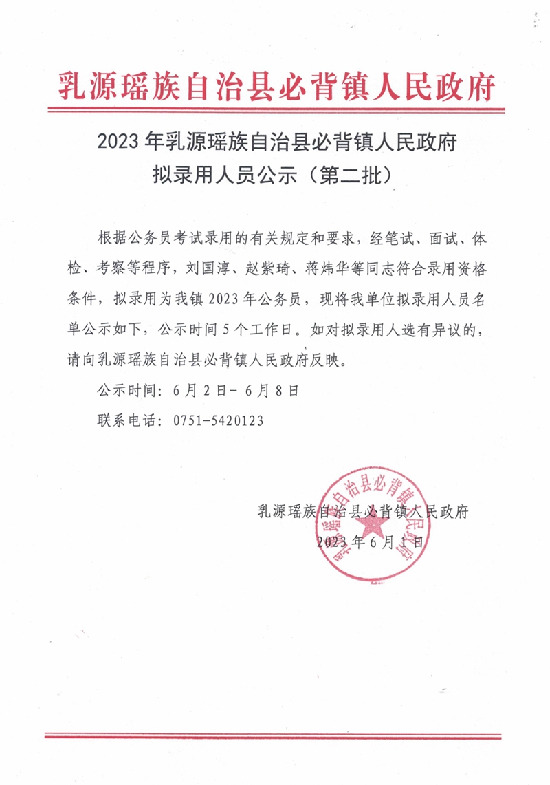 2023年乳源瑤族自治縣必背鎮(zhèn)人民政府?dāng)M錄用人員公示（第二批：蔣煒華、劉國淳、趙紫琦）0000.jpg