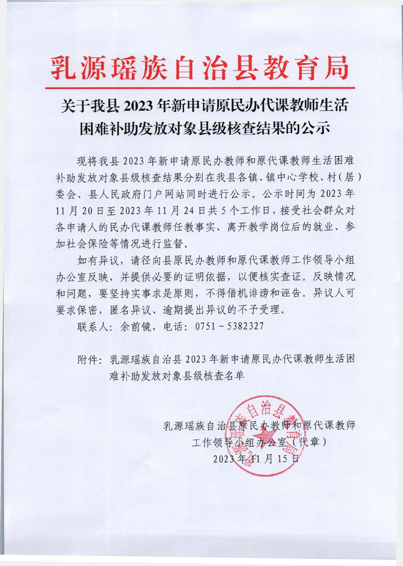 關(guān)于我縣2023年新申請(qǐng)?jiān)褶k代課教師生活困難補(bǔ)助發(fā)放對(duì)象縣級(jí)核查結(jié)果的公示0000.jpg