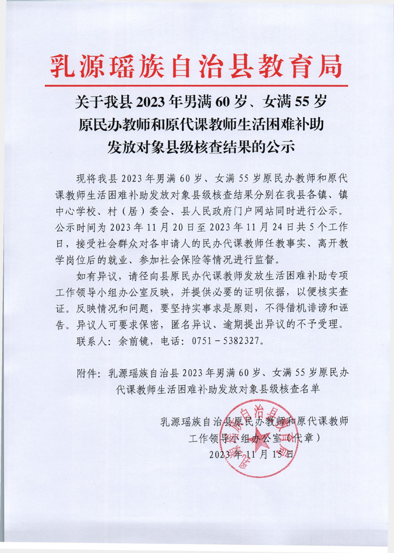 關(guān)于我縣2023年男滿60歲、女滿55歲原民辦代課教師生活困難補助發(fā)放對象縣級核查結(jié)果的公示0000.jpg