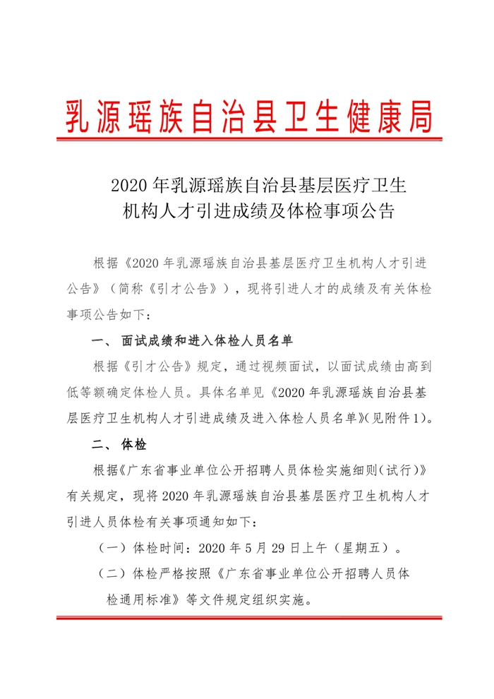 2020年乳源瑤族自治縣基層醫(yī)療機(jī)構(gòu)人才引進(jìn)成績及體檢事項(xiàng)公告0000.jpg