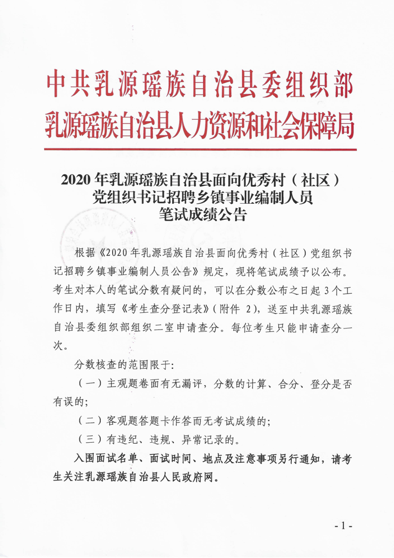 2020年乳源瑤族自治縣面向優(yōu)秀村（社區(qū)）黨組織書(shū)記招聘鄉(xiāng)鎮(zhèn)事業(yè)編制人員筆試成績(jī)公告_1.png